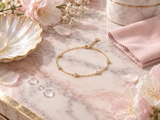 Bracelet doré NK Bijoux Paris sur marbre rose poudré avec fleurs et chiffon d’entretien